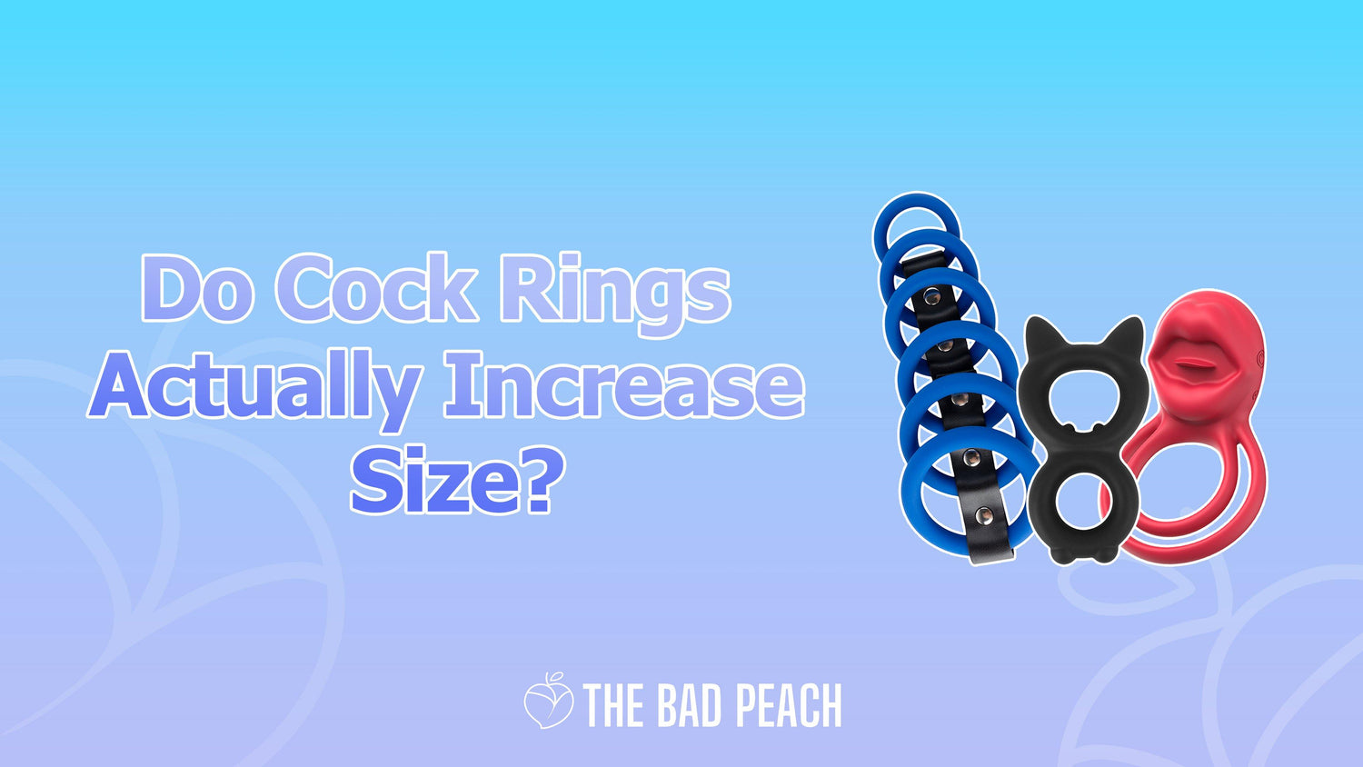 Various cock rings: adjustable blue, cat-shaped black, lip-shaped red.