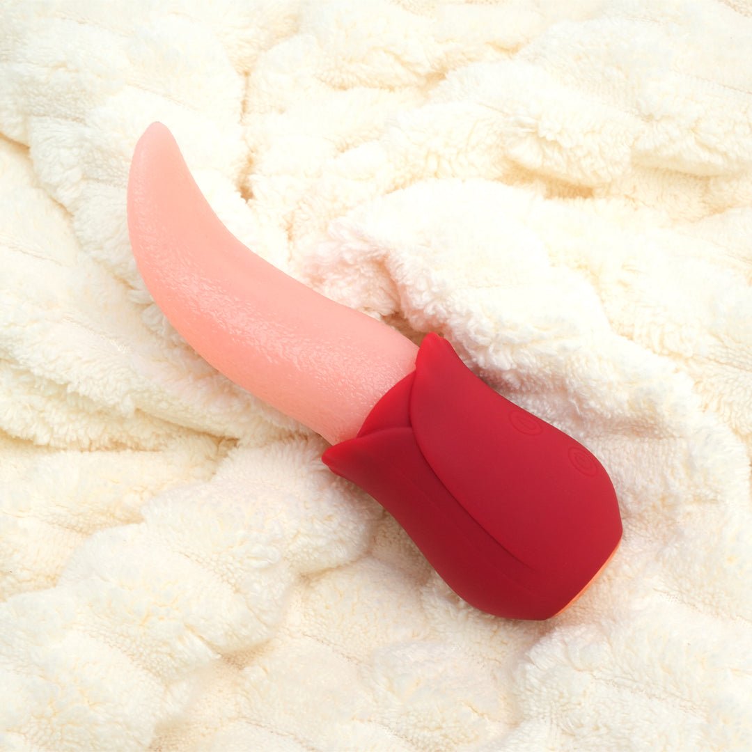 Seluna licking clitoral vibrator: realistic pink tongue emerges from red rose base.