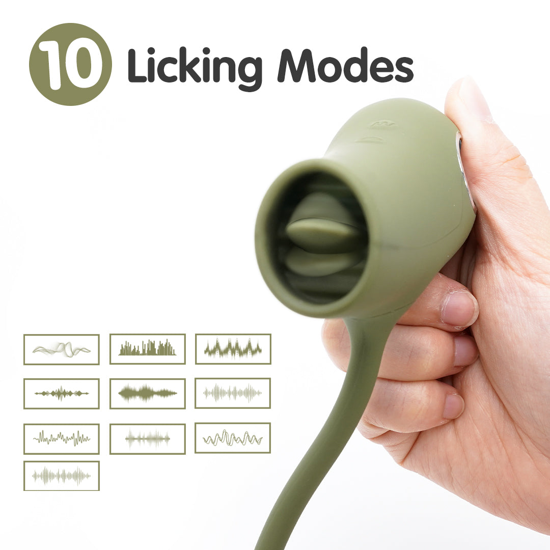 Green tongue licking vibrator with 10 modes, held by a hand