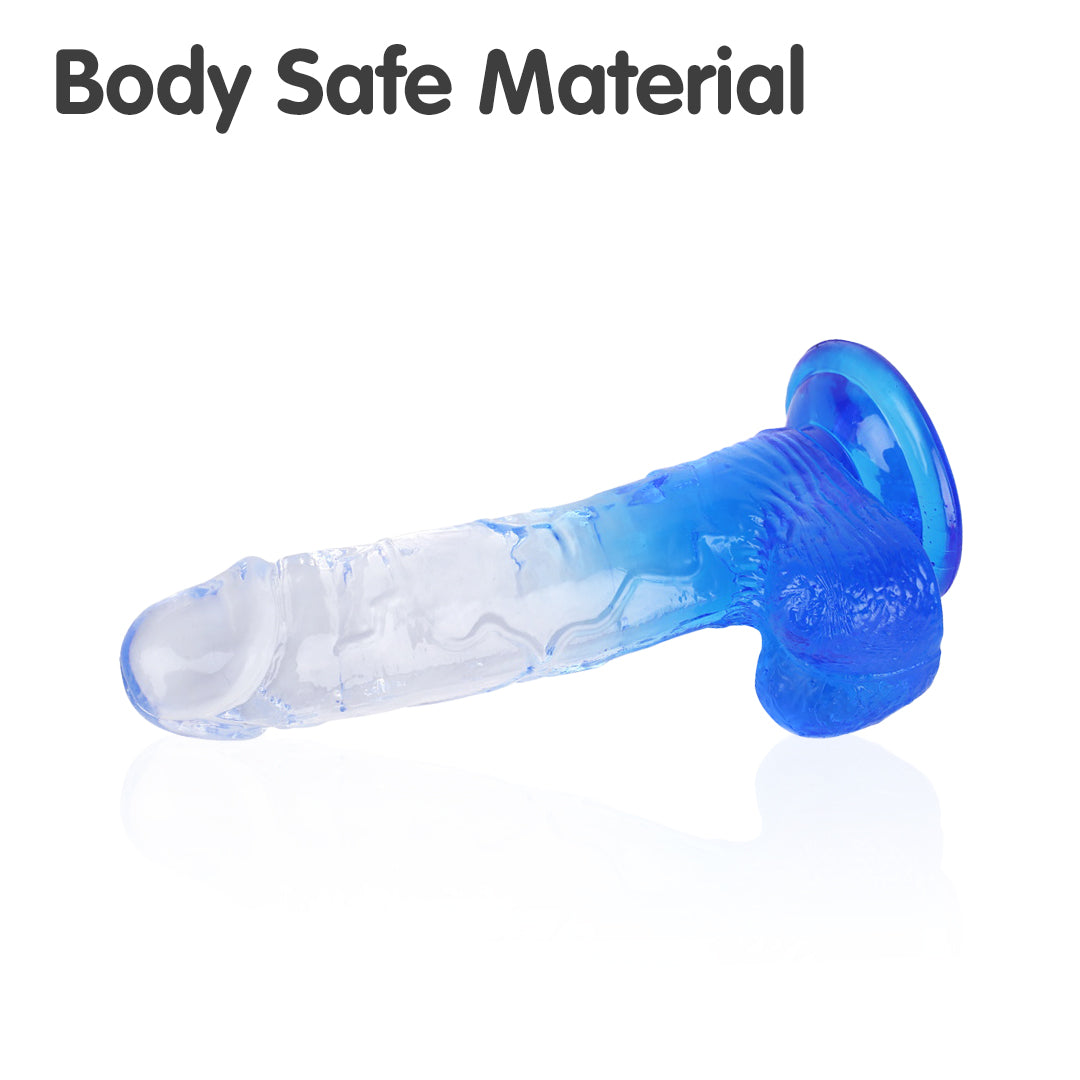 Blue Desire 7.8" suction cup dildo, clear to blue gradient, textured, body safe material.