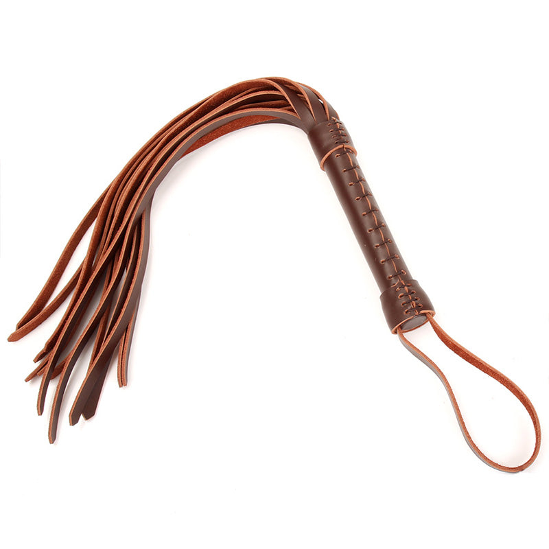 Brown leather flogger with detailed handle and strips