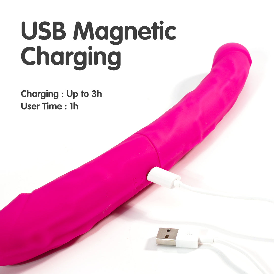 Pink double-ended dildo with USB magnetic charging, 3h charging time