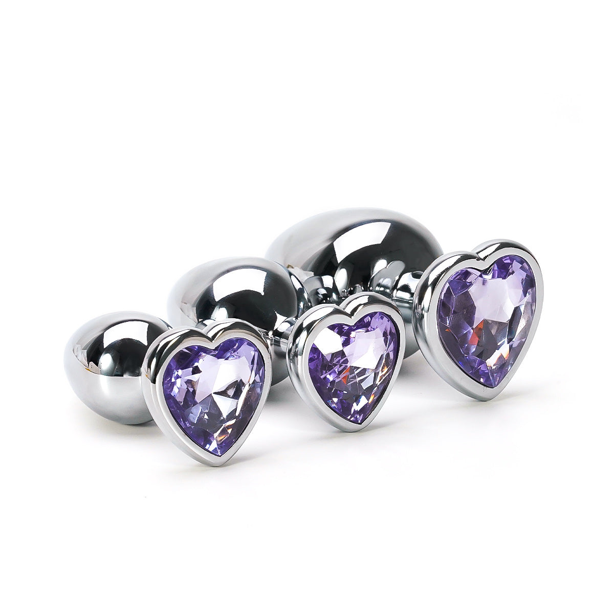 Stainless steel butt plug set with heart-shaped purple jewels