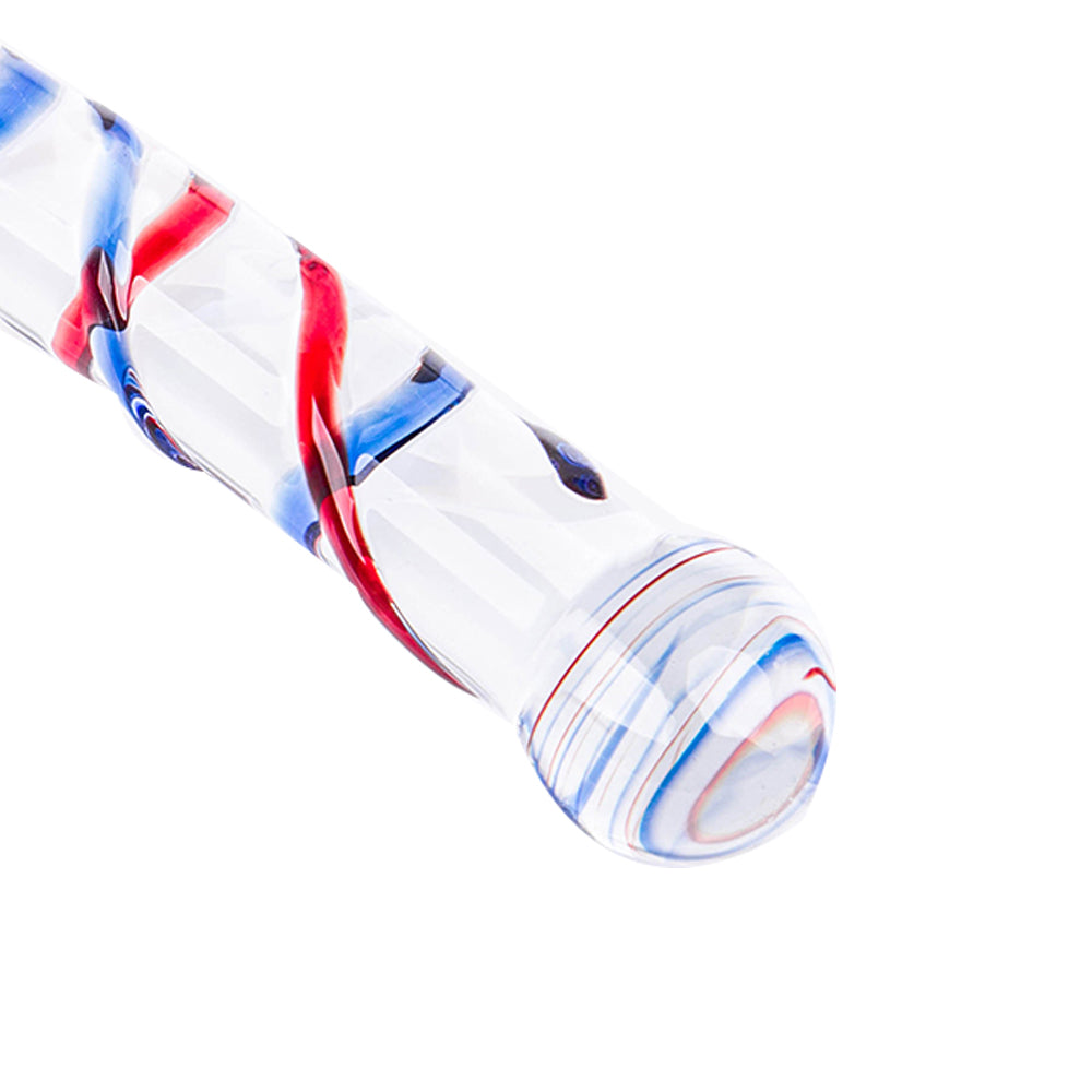 Glass dildo with red and blue spiral detail