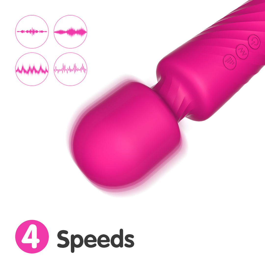 Pink massage wand with 4 speeds and multiple vibration patterns.