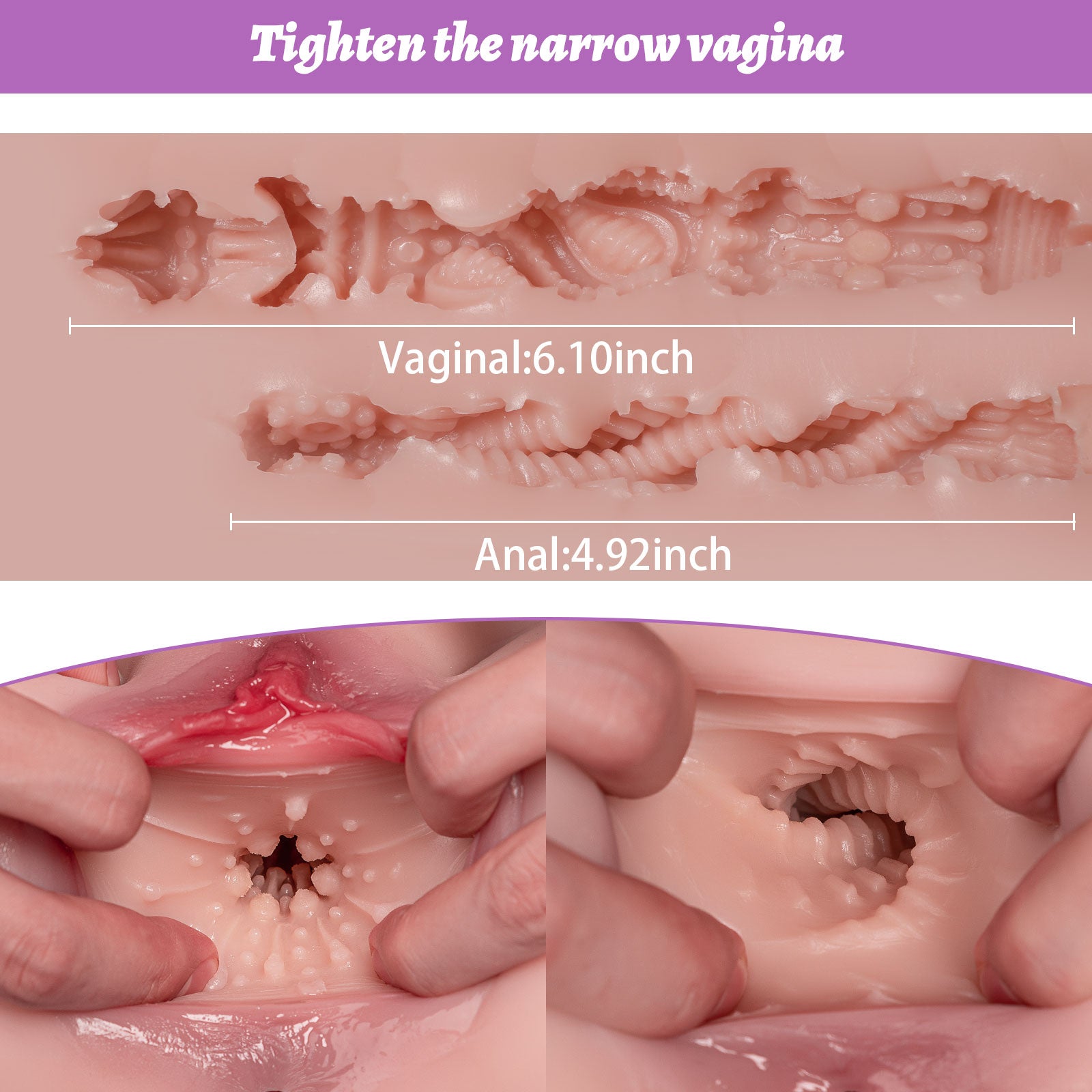 Rachel Doll Realistic Vagina and Ass Masturbator with text: Tighten the narrow vagina