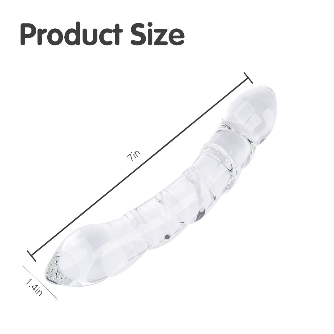 7-inch glass dildo with dimensions displayed