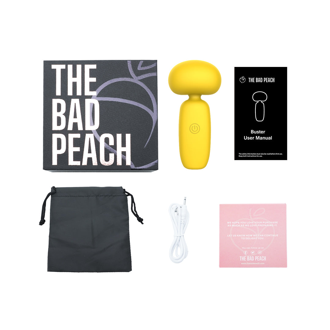 Buster mini wand massager complete product package, by The Bad Peach