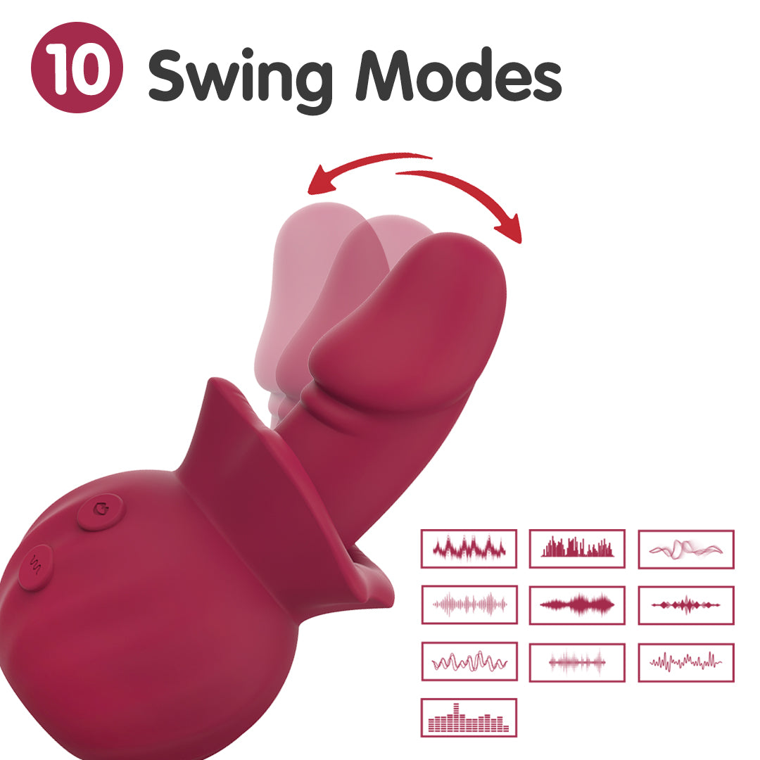 Maroon Lunex vibrator: 10 swing modes illustrated with vibration patterns.