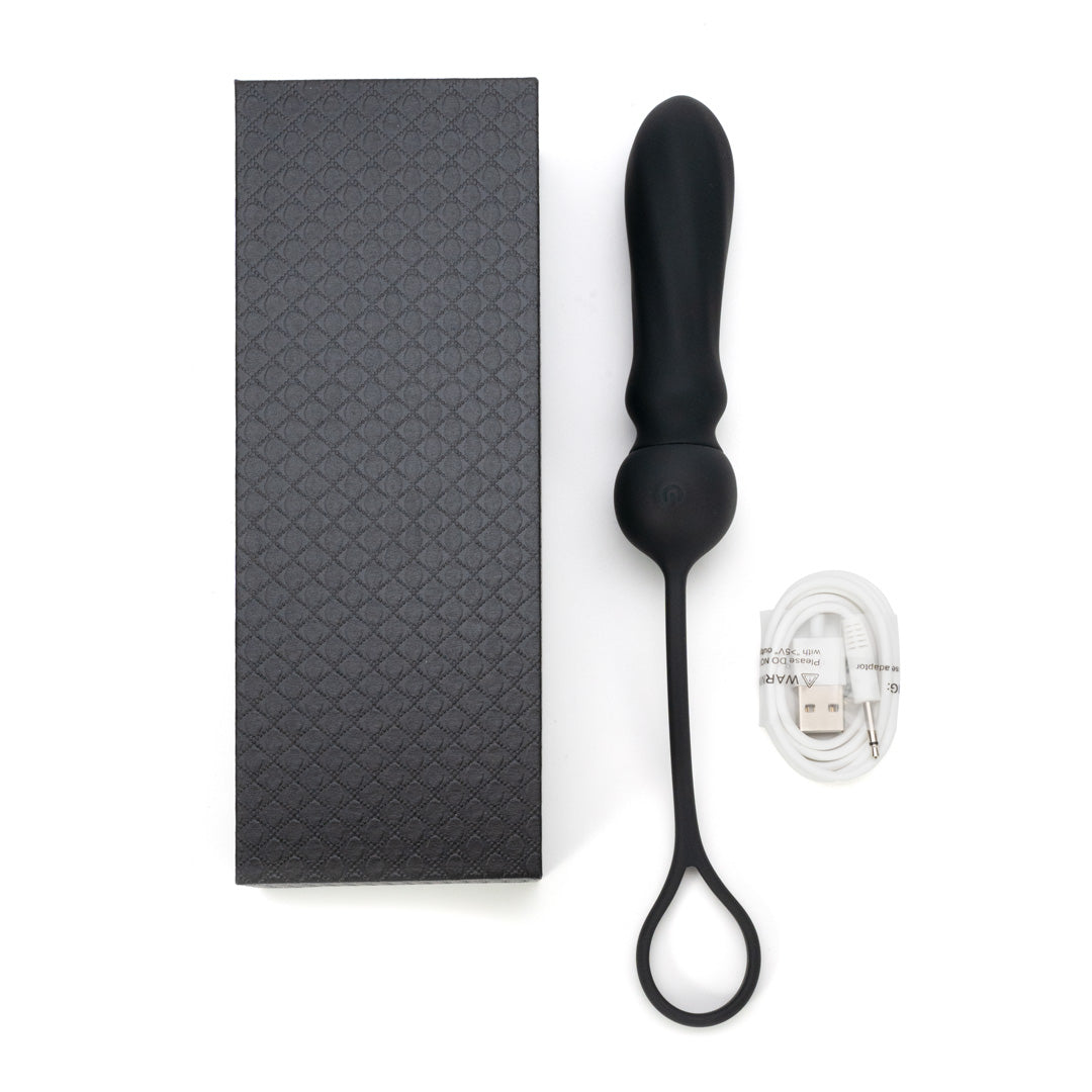 Black cock ring with anal vibrator, USB charging cable, product packaging