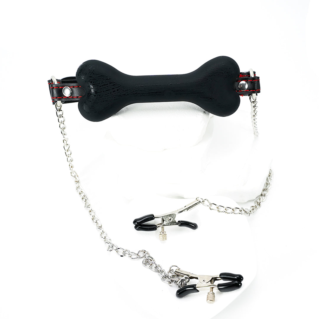 Luxe Muzzle Bone Gag with Nipple Clamps