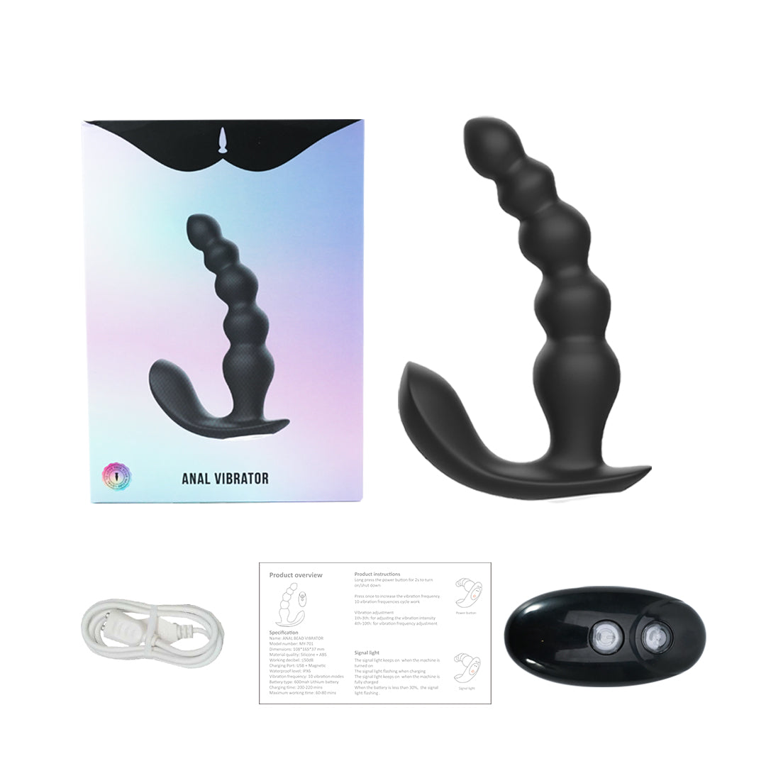 Black prostate massager with remote control and instructions