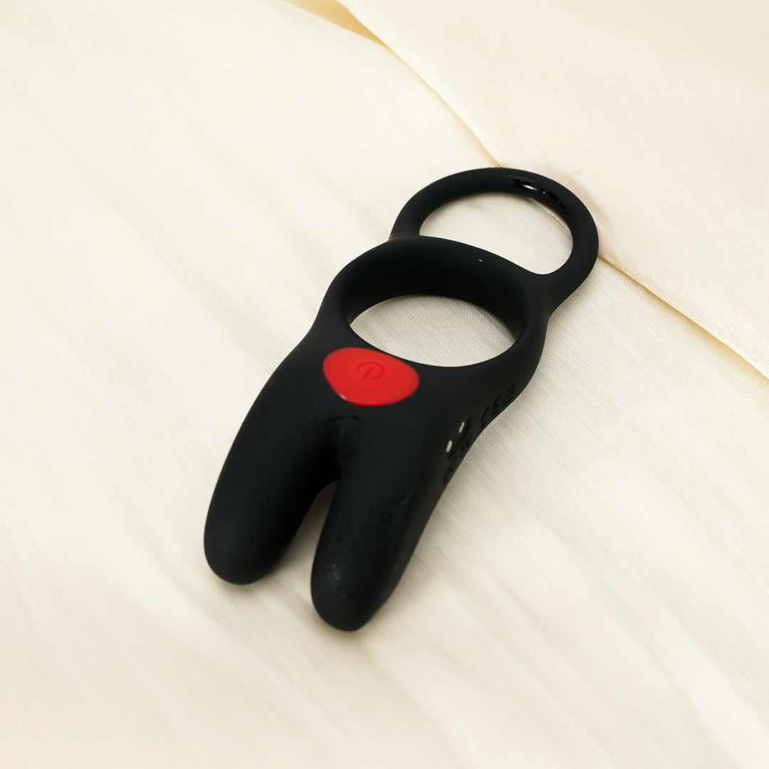 Black TickleTail Rabbit Cock Ring with red power button