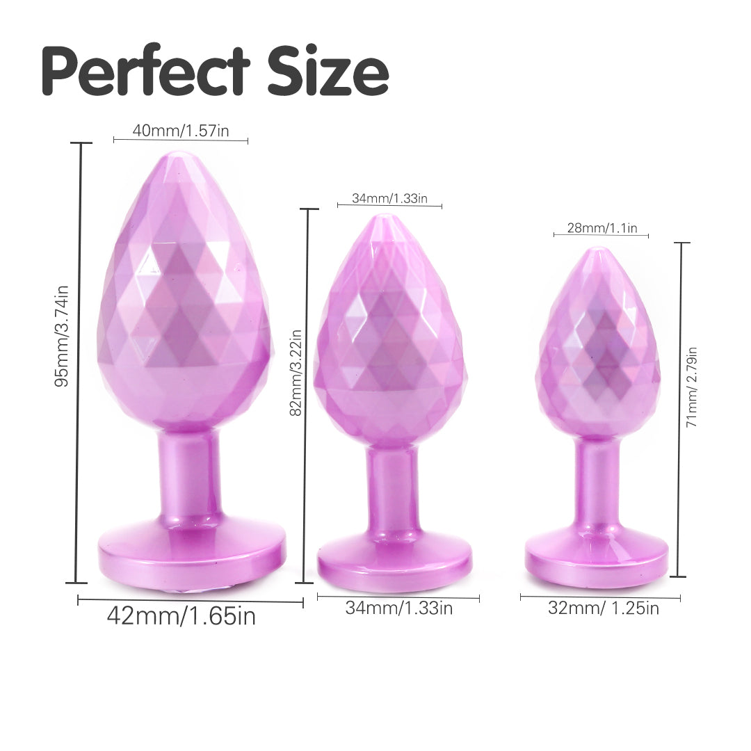 Pink faceted butt plug set with size guide