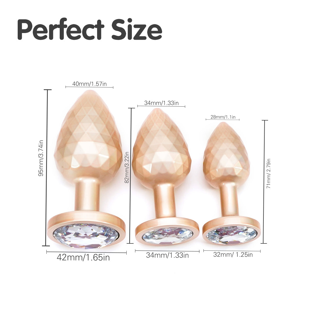 Gold butt plug set with sizes and dimensions