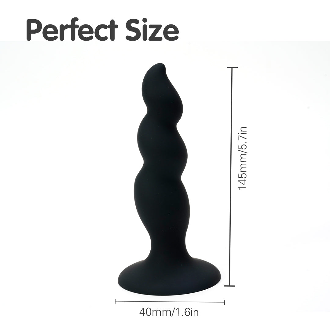 Black anal dildo with Perfect Size, dimensions shown.