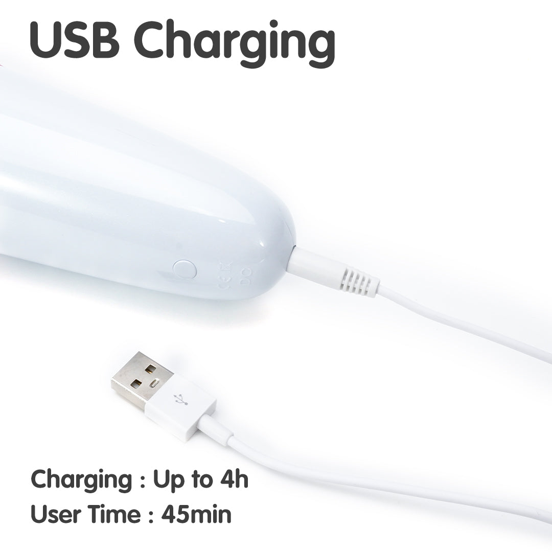SWAND massager recharging via USB cable. Up to 4 hours charging, 45 min usage