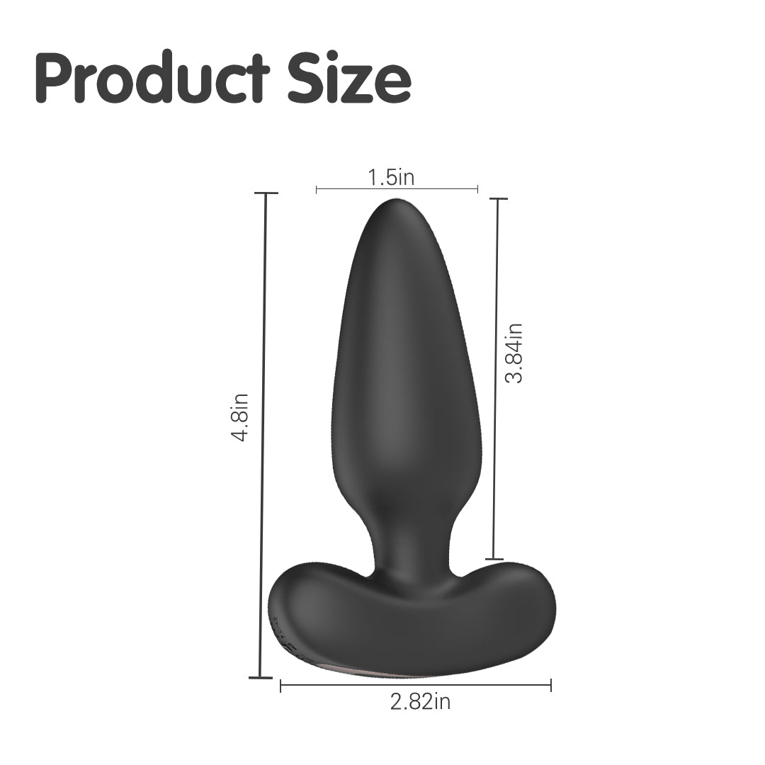Prostate vibrator size guide, featuring dimensions of the butt plug.