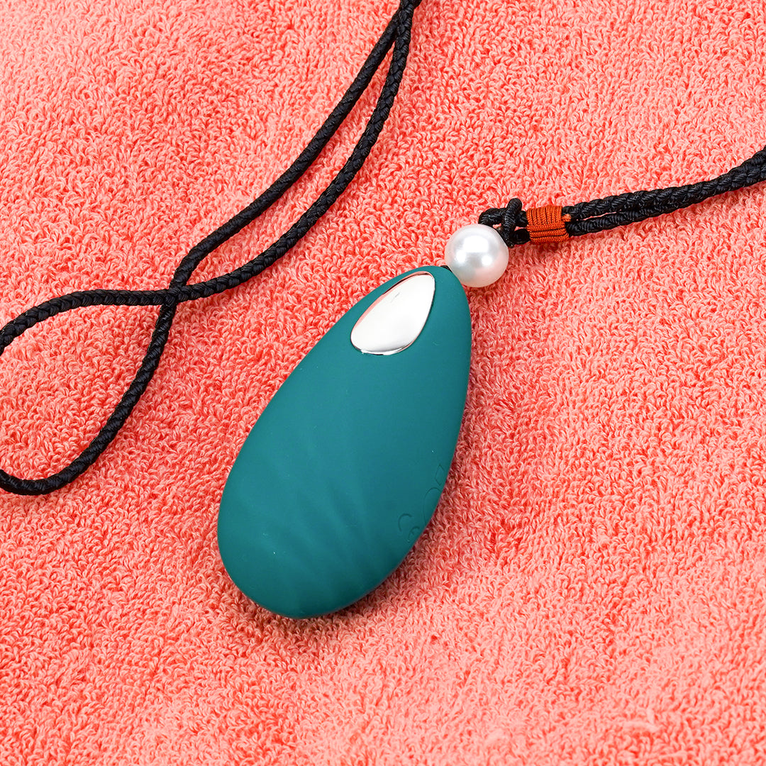 Teal pendant love egg vibrator with pearl necklace