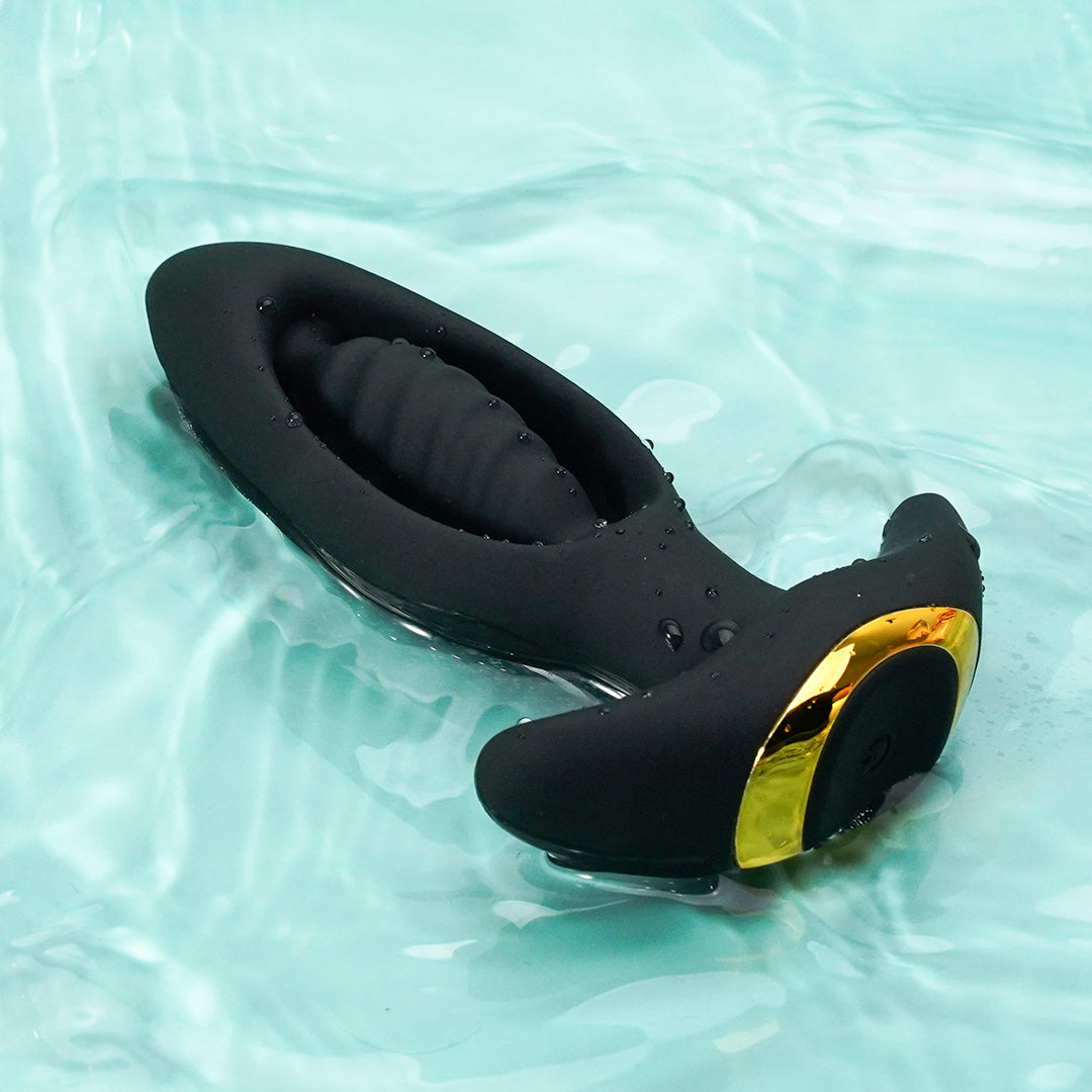Waterproof Black Anal Plug Vibrator with Gold Accents