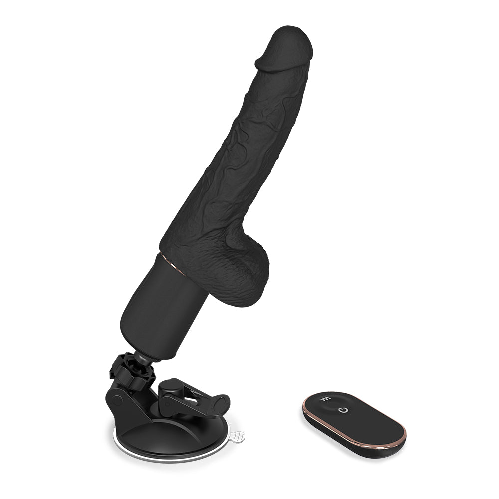Black heating dildo with remote control and suction cup base