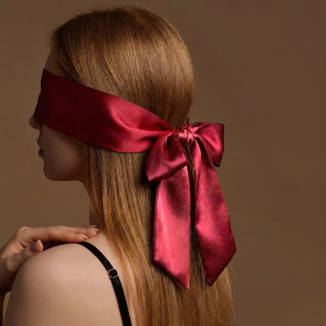 Luxury deep red satin eye mask blindfold with large bow