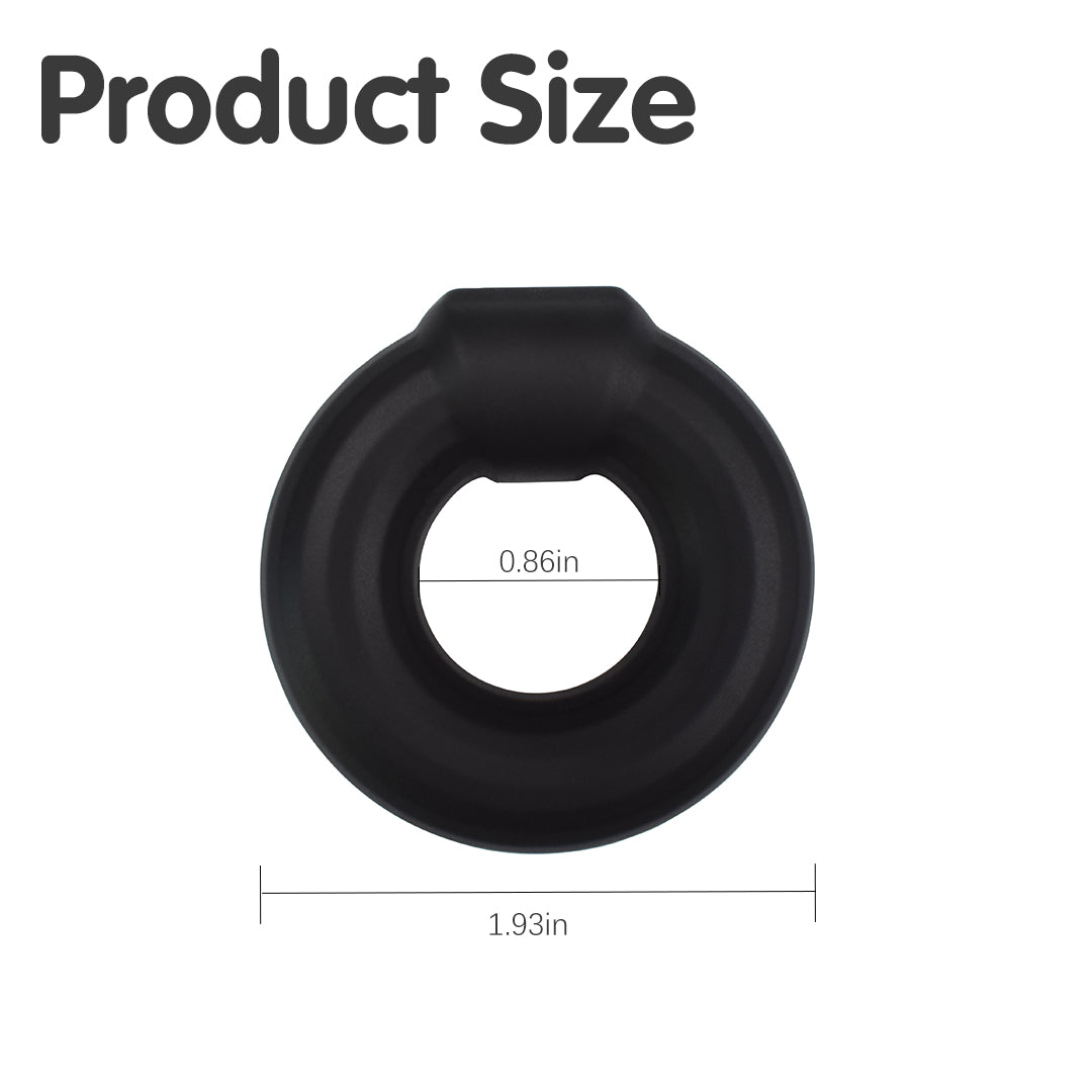 Black donut silicone cock ring size: 1.93in outer, 0.86in inner.