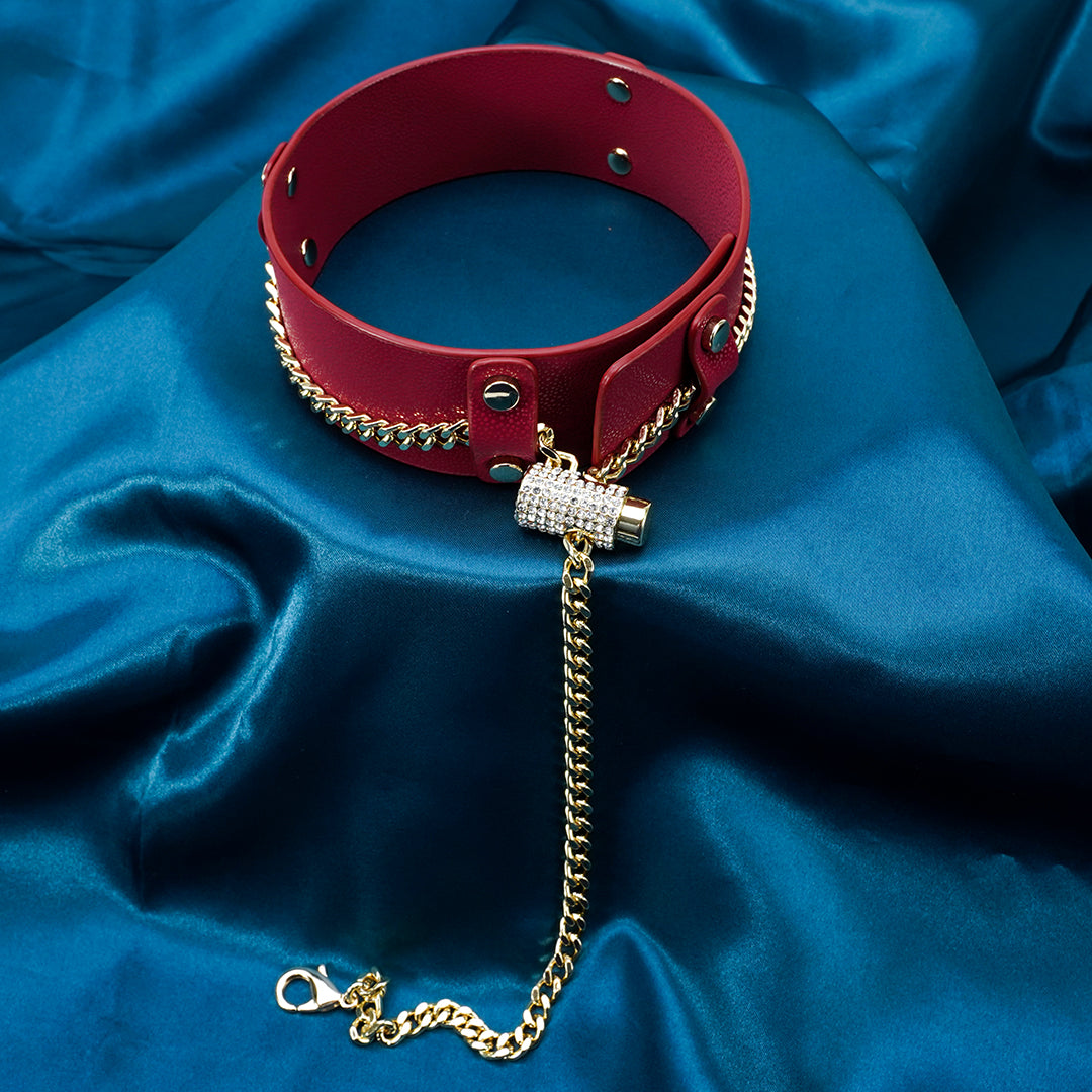 Red leather BDSM collar with gold chain detail