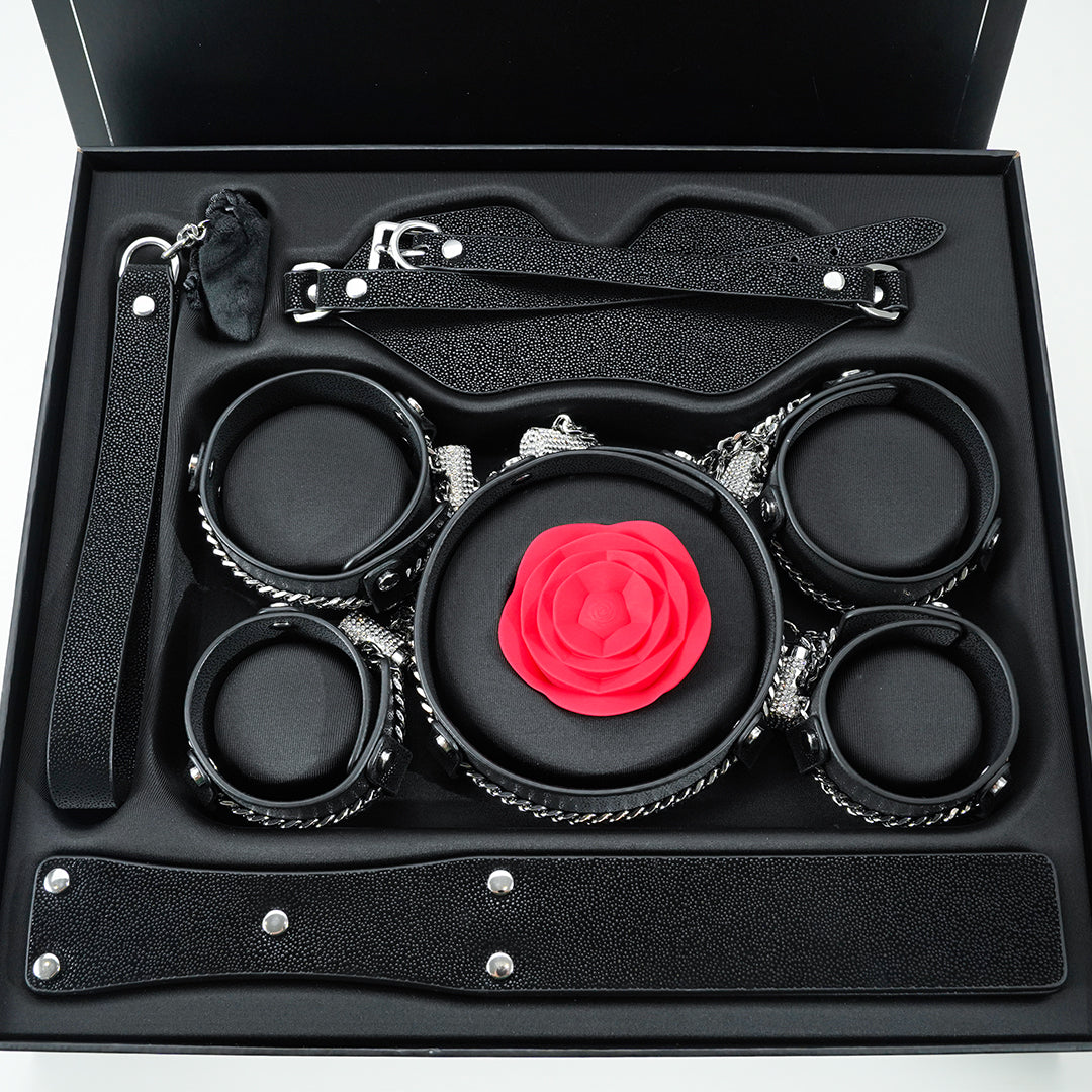 Midnight Desire BDSM luxury bondage set with rose