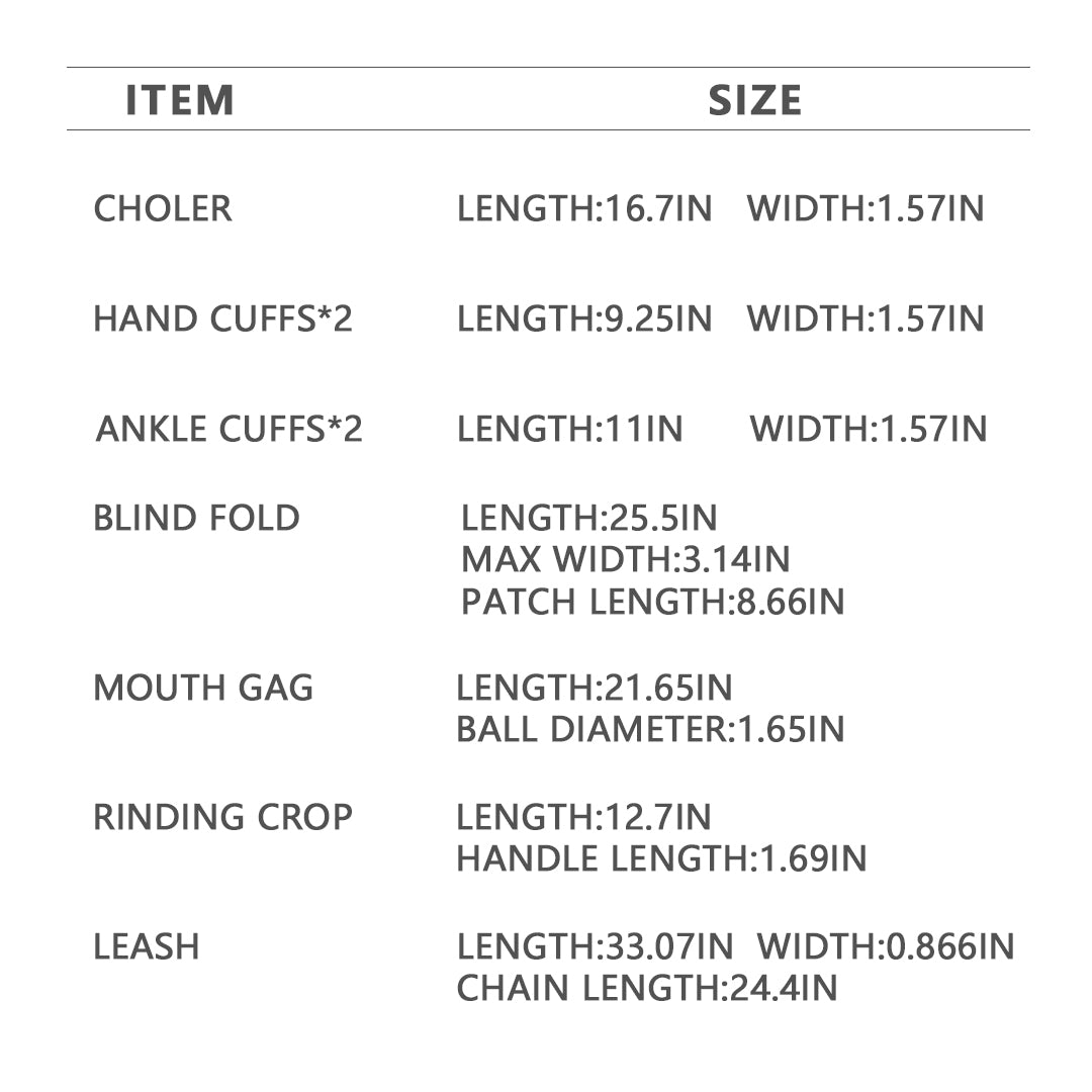 Midnight Desire Bondage Set: detailed product dimensions