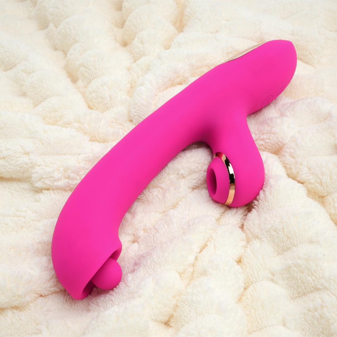 Lilith pink rabbit vibrator featuring 360 rotation and suction.