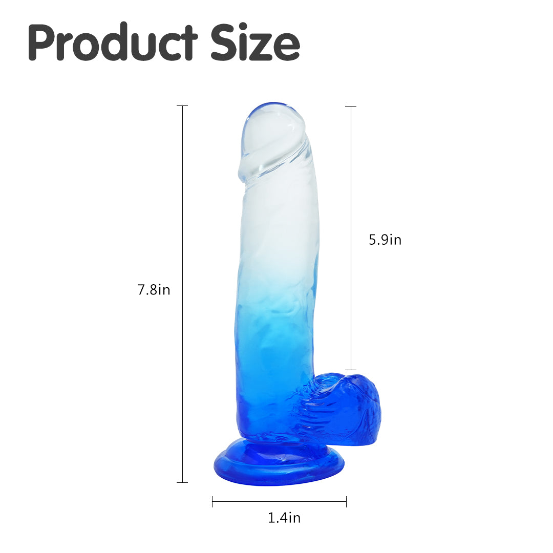 Blue Desire 7.8in blue suction cup dildo with size details: 5.9in insertable, 1.4in base.