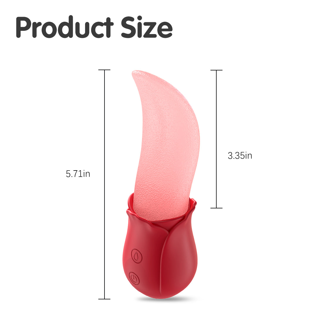 Seluna Licking Clitoral Vibrator, red rose base, pink tongue shape, dimensions 5.71in x 3.35in.