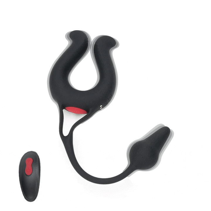 Black cock ring vibrator with remote control and vibrating butt plug