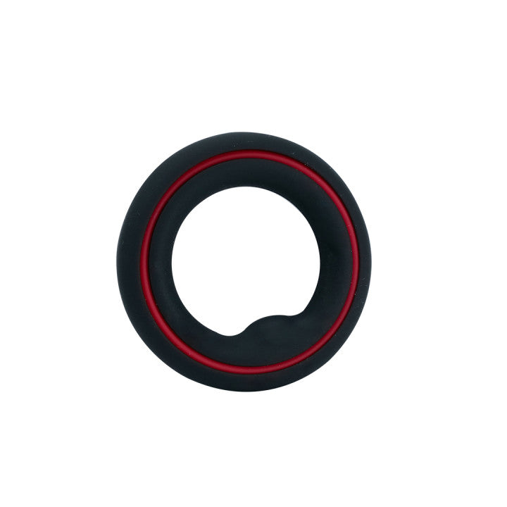 Black and red silicone cock ring for enhanced performance.
