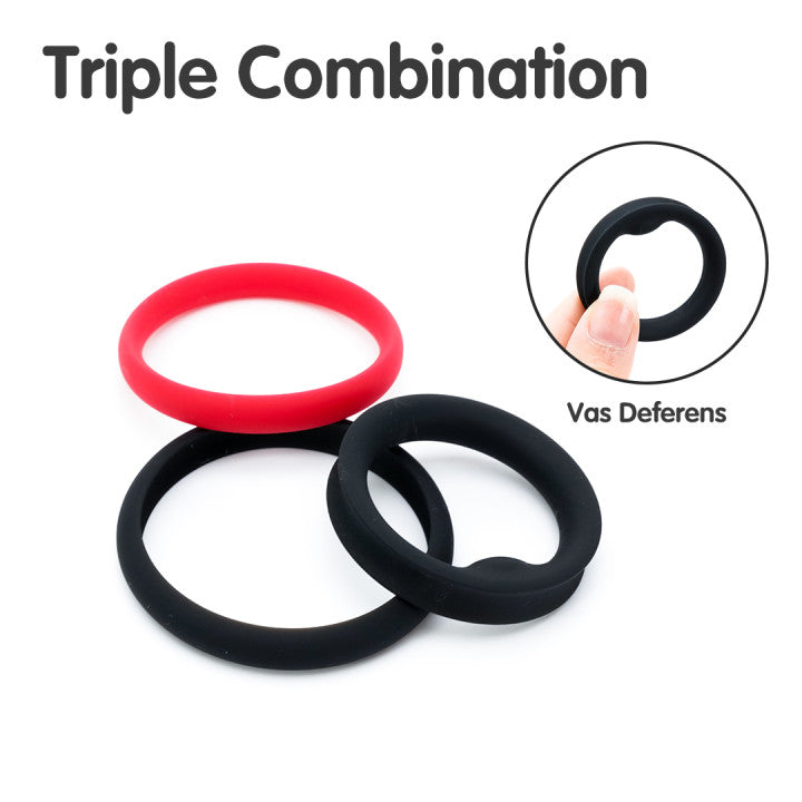 Triple combination POWER RING cock rings, red and black options.