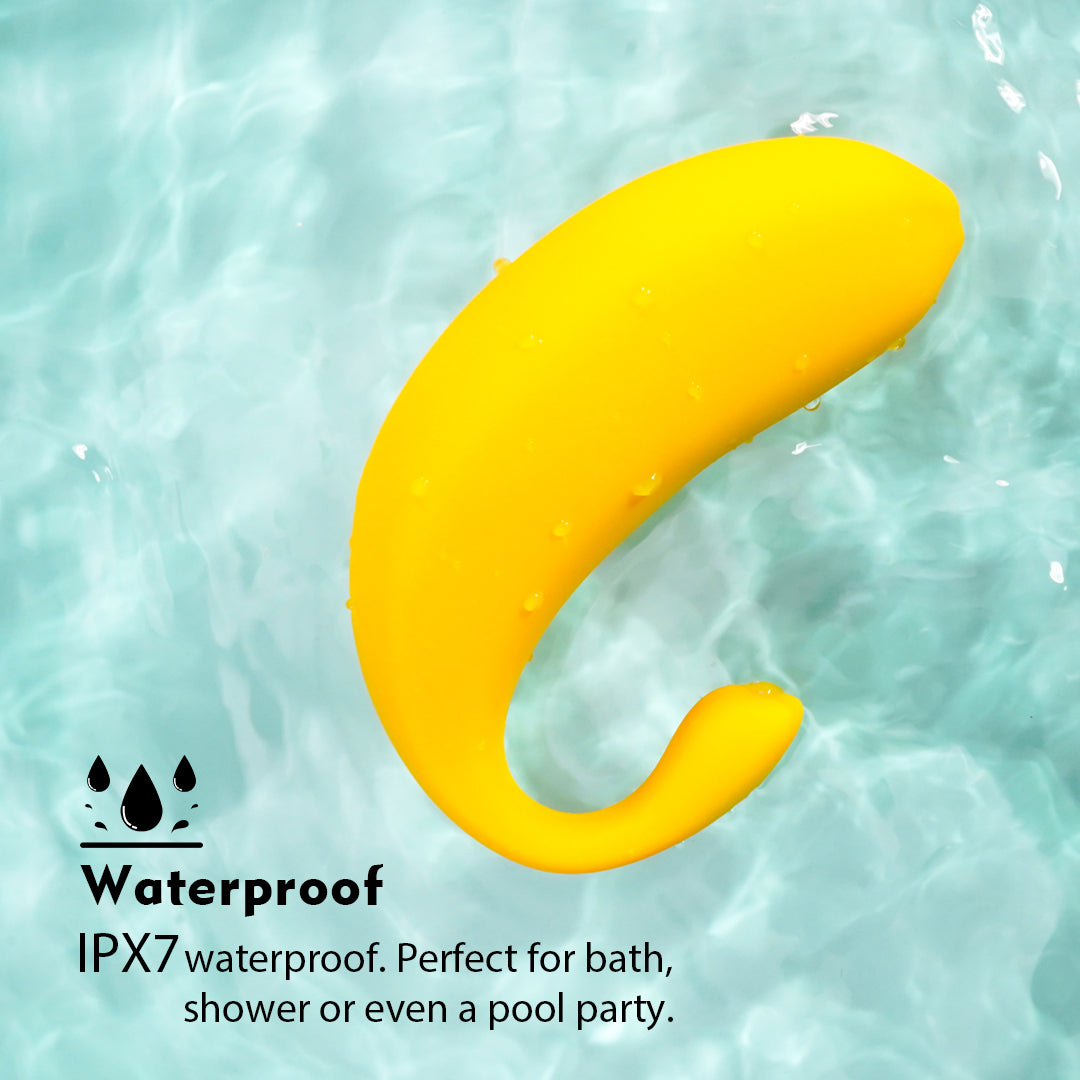Yellow banana vibrator, IPX7 waterproof, perfect for bath or shower.