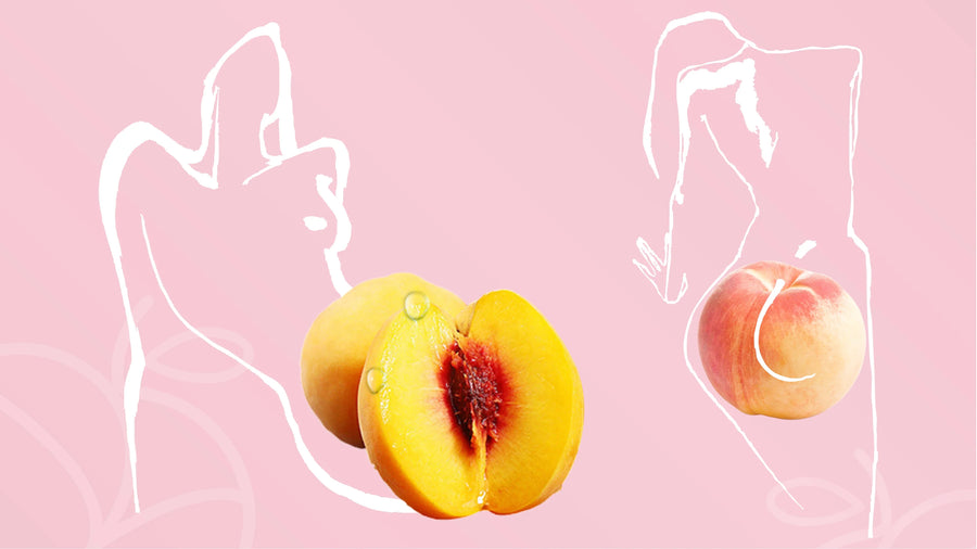 Abstract illustration of peaches and body outlines on a pink background