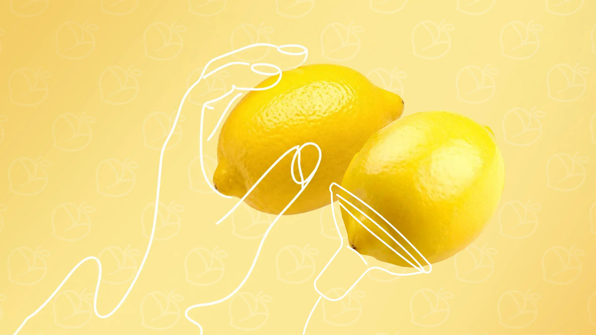 Nipple vibrator guide: line-drawn hands cradling two lemons on a yellow background
