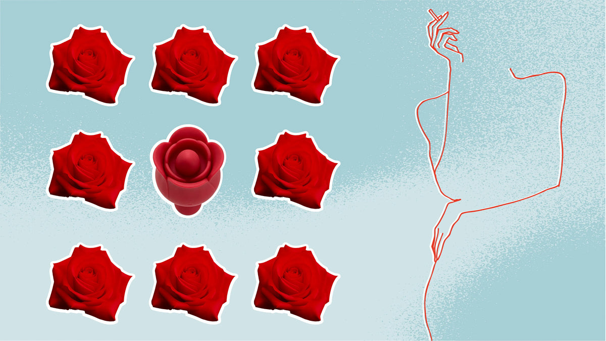 Red roses and a rose shaped vibrator beside a line drawing of a woman