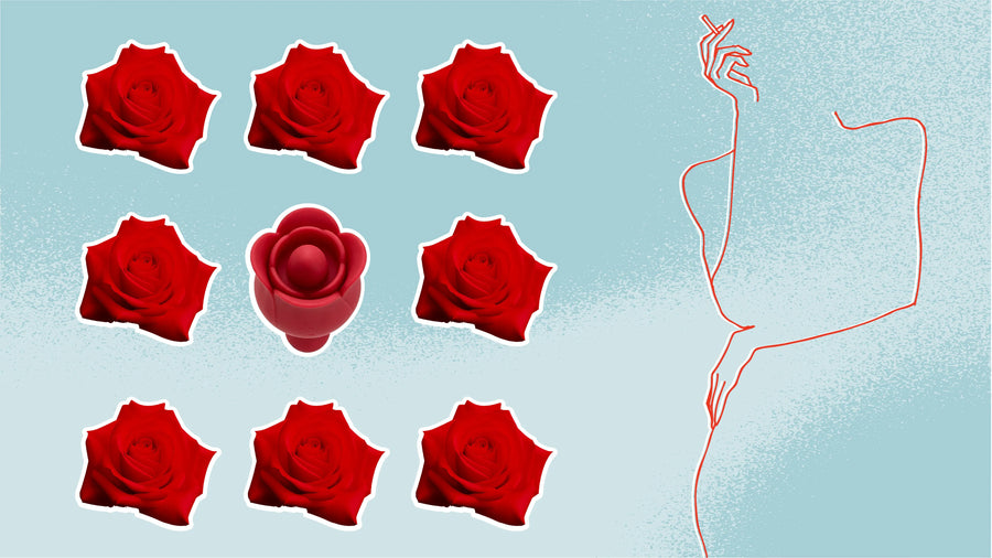Red roses and a rose shaped vibrator beside a line drawing of a woman