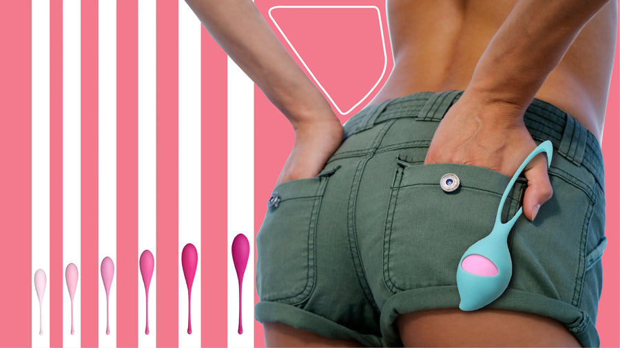 Woman holding a teal trainer beside pink Kegel weights