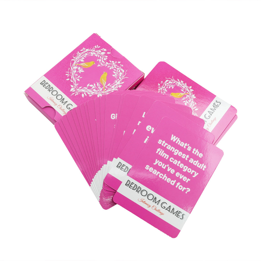 Bedroom Games Intimacy Challenge pink sex playing cards and game boxes with adult questions.