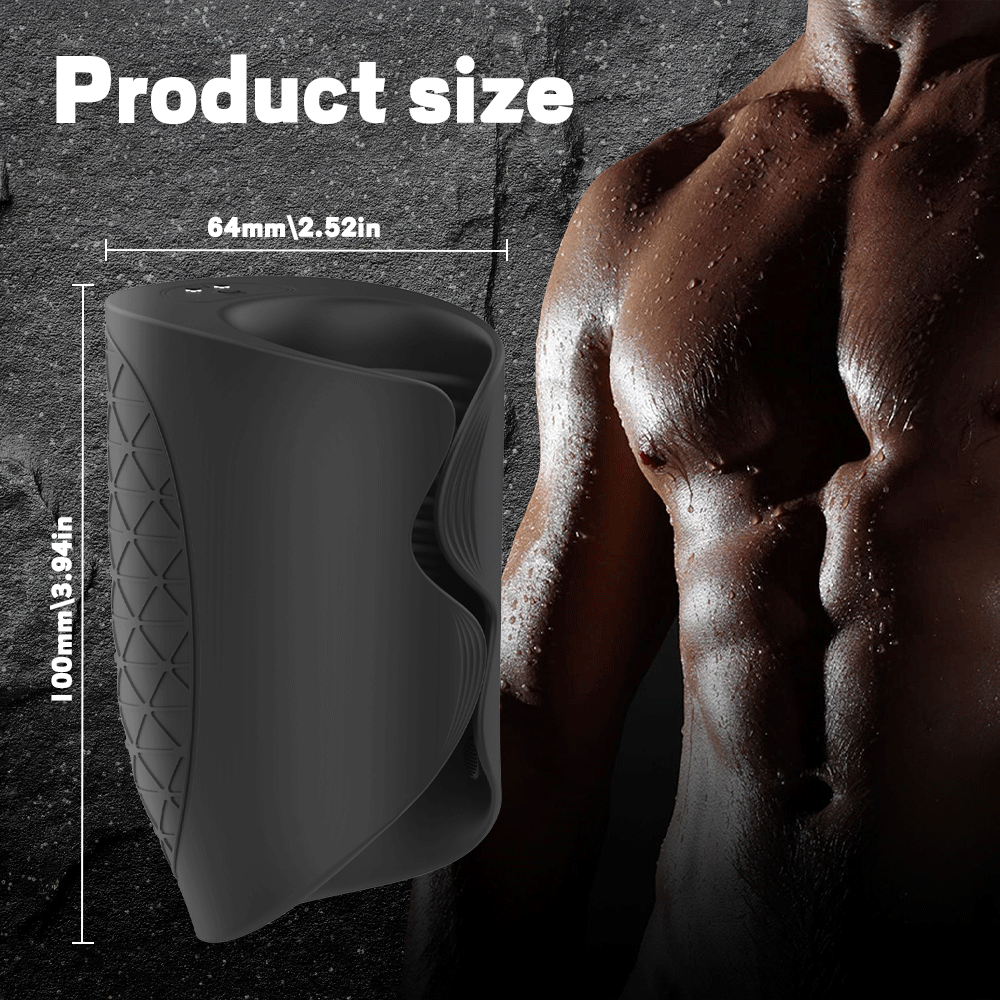 Galen Vibrating Male Masturbator product size displayed on a muscular male's body