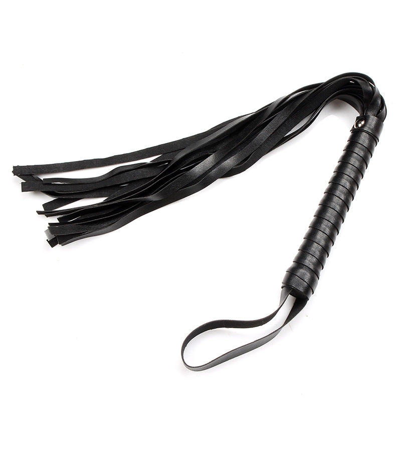 Black leather flogger for sensual roleplay