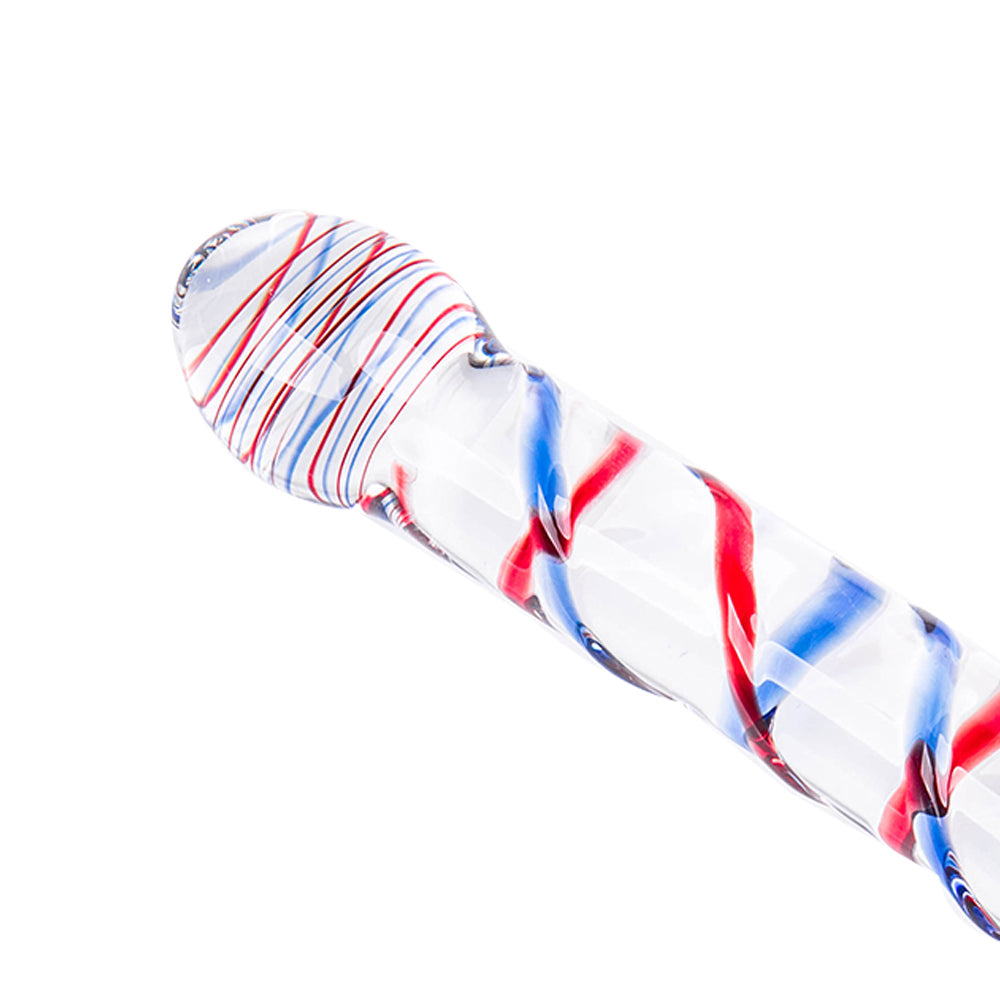 Glass dildo with red and blue spiral