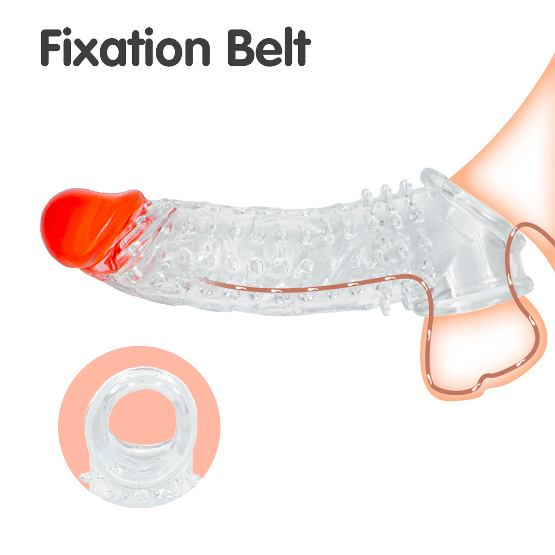 Red Rush Silicone Penis Sleeve with textured bumps, red tip, and fixation belt.