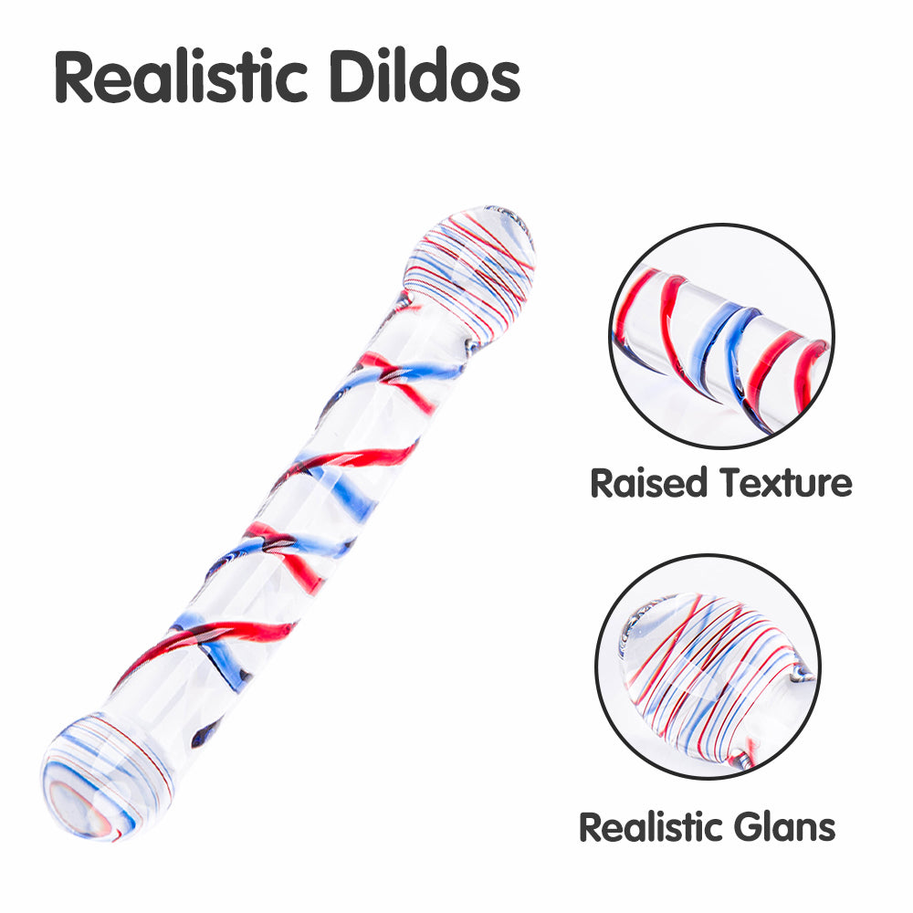 Realistic Glass Dildo with Red and Blue Spirals