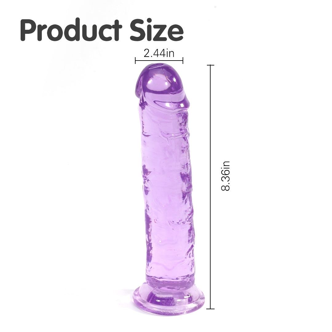Purple dildo with size details, clear and suction cup design