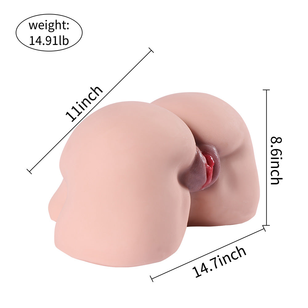 Realistic masturbator with dimension indicators, flesh-colored